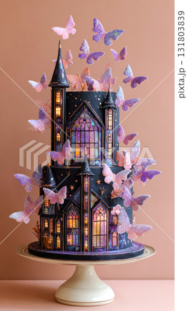 Haunted castle cake decorated with bats. Haunted castle cake decorated with bats. 131803839