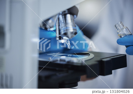 Science, sample and dropper with microscope in laboratory for medicine, pharmacy or vaccine cure. Bacteria, glass slide and technology with research equipment for experiment, medical or investigation Science, sample and dropper with microscope in laboratory for medicine, pharmacy or vaccine cure. Bacteria, glass slide and technology with research equipment for experiment, medical or investigation 131804026