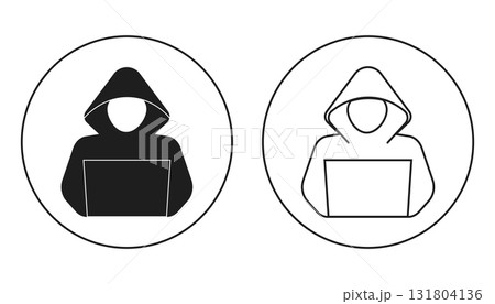 Incognito anonymous character silhouette circle icon set, hacker or scammer with hidden face, villain. Thief, criminal, robber simple sign. Incognito anonymous character silhouette circle icon set, hacker or scammer with hidden face, villain. Thief, criminal, robber simple sign. 131804136