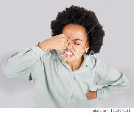 Headache, stress and face of frustrated black woman in studio with upset, angry and pain facial expression. Burnout, mockup and girl on white background with confused gesture, migraine and thinking Headache, stress and face of frustrated black woman in studio with upset, angry and pain facial expression. Burnout, mockup and girl on white background with confused gesture, migraine and thinking 131804151