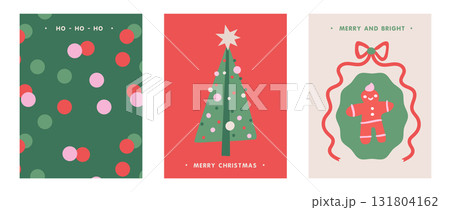 Hand drawn whimsical Christmas greeting cards set. Flat minimal posters, christmas tree icon, bows and gingerbread man. Minimalist winter art. Vector design for invitations, stationery, printables 131804162