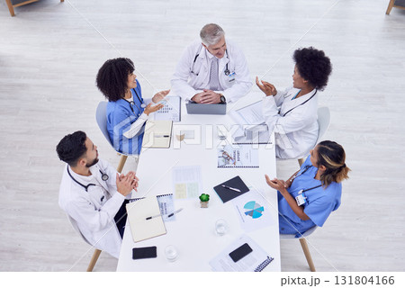 Doctors, nurses or clapping in hospital meeting, teamwork training success or medical treatment innovation in top view. Smile, happy or applause of healthcare people in diversity collaboration goals 131804166