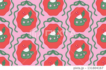 Christmas seamless pattern with hand drawn ribbon and bow with hot winter drinks on pink background. Trendy whimsical vintage holiday design for Xmas print, fabric, wallpaper or wrapping paper. Vector 131804167