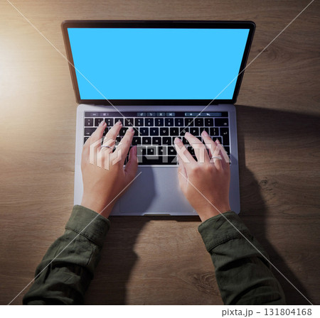 Top view, hands or laptop green screen for woman in night research, internet browsing or web design mockup in home office. Above, blue or mock up for working late person typing on technology branding 131804168