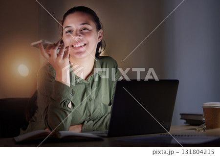Night, phone call and woman on speaker, business and conversation for planning, new project or smile. Female employee, consultant or entrepreneur with smartphone, voice note or working late in office 131804215