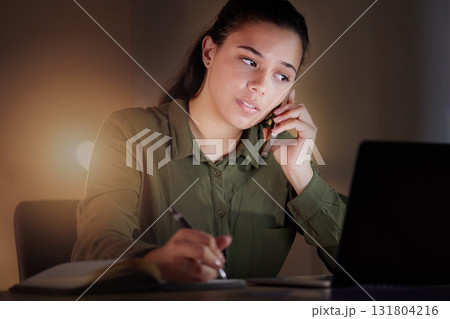 Night, phone call and woman planning, writing and new project with ideas, evening and notes. Female employee, entrepreneur or lady with strategy, profit growth or overworked in workplace and talking Night, phone call and woman planning, writing and new project with ideas, evening and notes. Female employee, entrepreneur or lady with strategy, profit growth or overworked in workplace and talking 131804216