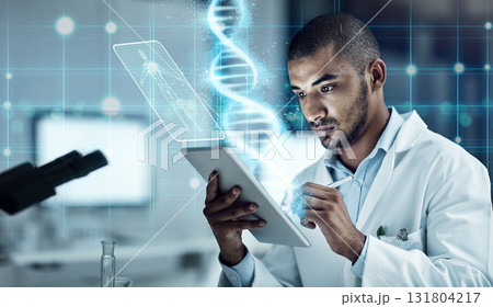 Scientist, tablet and laboratory with overlay for research, dna and medical writing with cloud computing. Man, doctor and mobile touchscreen for data analytics in lab with 3d holographic ux in night Scientist, tablet and laboratory with overlay for research, dna and medical writing with cloud computing. Man, doctor and mobile touchscreen for data analytics in lab with 3d holographic ux in night 131804217