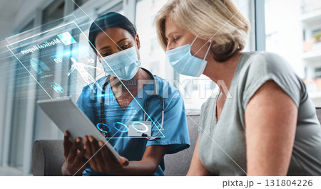 Doctor, patient and tablet with futuristic and health, digital medical report and women in face mask with Covid. Anatomy, hologram and 3D results with healthcare, consultation and overlay in hospital Doctor, patient and tablet with futuristic and health, digital medical report and women in face mask with Covid. Anatomy, hologram and 3D results with healthcare, consultation and overlay in hospital 131804226