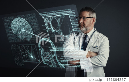Brain, neurology or doctor with 3d holographic scan of human anatomy research in hospital clinic. Data analysis, man or medical healthcare worker thinking of innovation to help science development Brain, neurology or doctor with 3d holographic scan of human anatomy research in hospital clinic. Data analysis, man or medical healthcare worker thinking of innovation to help science development 131804237
