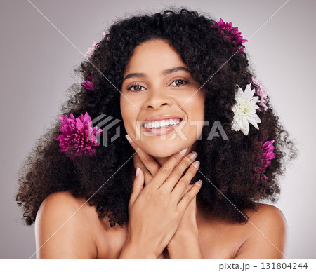 Skincare, smile or face of black woman with flowers in hair for spring, luxury spa or self care. Aesthetic, beauty facial portrait or girl with plants for happiness or cosmetics product in studio Skincare, smile or face of black woman with flowers in hair for spring, luxury spa or self care. Aesthetic, beauty facial portrait or girl with plants for happiness or cosmetics product in studio 131804244