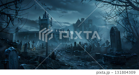 Castle and graveyard Horror background, Happy Halloween - Ai Generated 131804309