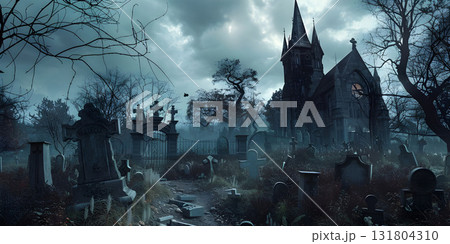 Castle and graveyard Horror background, Happy Halloween - Ai Generated Castle and graveyard Horror background, Happy Halloween - Ai Generated 131804310
