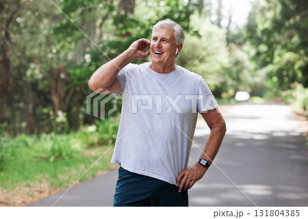 Happy, talking and man on a phone call while running, speaking about fitness and exercise in nature. Thinking, smile and a senior person laughing on a mobile while in a park for cardio and workout Happy, talking and man on a phone call while running, speaking about fitness and exercise in nature. Thinking, smile and a senior person laughing on a mobile while in a park for cardio and workout 131804385