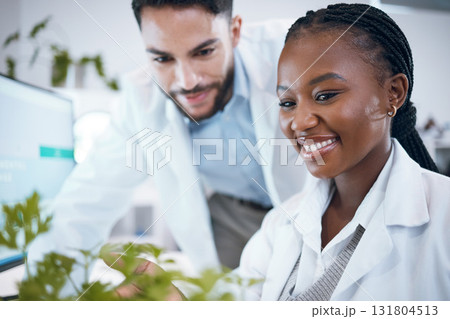 Science plants, teamwork and scientist people in pharmaceutical research, sustainable or herb medicine. Medical pharmacist and happy internship partner in laboratory for eco friendly, growth solution 131804513