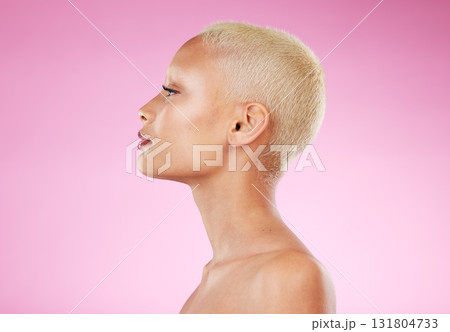 Woman, beauty and makeup in skincare for spa cosmetics or facial treatment against pink studio background. Profile of female face in satisfaction for luxury cosmetic or perfect skin on mockup 131804733