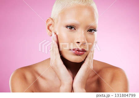 Portrait, skin and makeup with a model black woman in studio on a pink background for edgy cosmetics. Face, skincare or natural with a unique and attractve young female indoor for cosmetic care Portrait, skin and makeup with a model black woman in studio on a pink background for edgy cosmetics. Face, skincare or natural with a unique and attractve young female indoor for cosmetic care 131804799