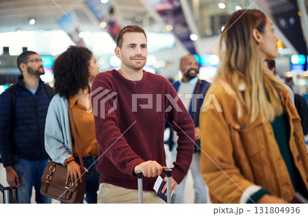 Travel, queue and smile with man in airport for vacation, international trip and tourism. Holiday, luggage and customs with passenger in line for ticket, departure and flight transportation 131804936