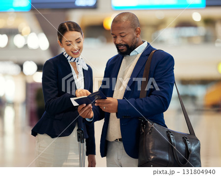 Businessman, airport and service agent helping traveler with passport in departure, flight time or information. Black male with female passenger assistant in airline travel, directions or FAQ 131804940
