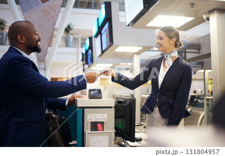 Tickets, airport and customer service people, desk support and passport registration help. USA black man and travel agent with flight booking, giving paper and smile for client kindness and thank you 131804957