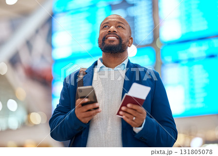 Airport, passport and black man with phone for ticket booking, schedule and flight information of business travel. Happy person thinking of airline journey with identity document and smartphone app Airport, passport and black man with phone for ticket booking, schedule and flight information of business travel. Happy person thinking of airline journey with identity document and smartphone app 131805078