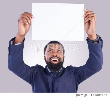 Business, excited man and poster in white background, studio or mockup space. Happy corporate, black male and holding board, marketing wow news and advertising banner for blank mock up, paper or sign 131805133