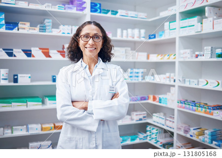 Senior woman, portrait and pharmacist with arms crossed in pharmacy, drugstore or shop. Healthcare, wellness and happy, proud and confident elderly female medical professional or doctor from Canada. Senior woman, portrait and pharmacist with arms crossed in pharmacy, drugstore or shop. Healthcare, wellness and happy, proud and confident elderly female medical professional or doctor from Canada. 131805168