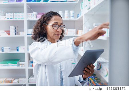 Senior woman, tablet and pharmacist stock check in pharmacy for healthcare medicine in drugstore. Medication, technology and female medical doctor with touchscreen for checking inventory in shop. Senior woman, tablet and pharmacist stock check in pharmacy for healthcare medicine in drugstore. Medication, technology and female medical doctor with touchscreen for checking inventory in shop. 131805171