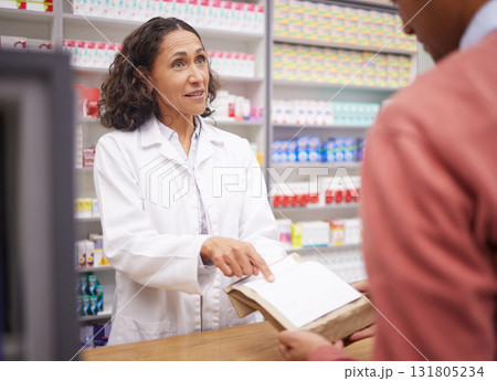 Pharmacy, medicine and senior woman pharmacist talking to man about pills side effects. Reading, prescription info and healthcare worker working with customer service for health and wellness check Pharmacy, medicine and senior woman pharmacist talking to man about pills side effects. Reading, prescription info and healthcare worker working with customer service for health and wellness check 131805234