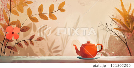 Horizontal vintage postcard with watercolor illustration for International Tea Day, charming ceramic teapot. Cozy theme with paint textures and free space for text Horizontal vintage postcard with watercolor illustration for International Tea Day, charming ceramic teapot. Cozy theme with paint textures and free space for text 131805290