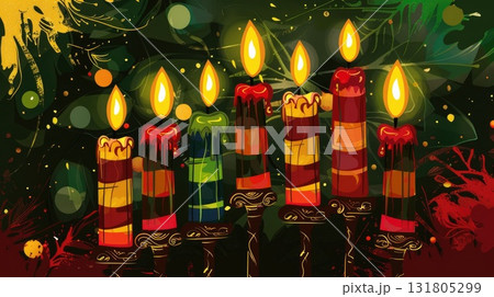watercolor illustration, Kwanzaa Festival, colorful striped candles, green background, vintage postcard, horizontal banner watercolor illustration, Kwanzaa Festival, colorful striped candles, green background, vintage postcard, horizontal banner 131805299