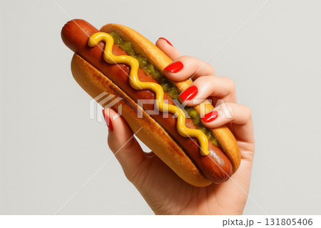 Hand holding classic hot dog with mustard and relish against a plain background, showcasing fast food and gourmet snack trends, AI Generative Hand holding classic hot dog with mustard and relish against a plain background, showcasing fast food and gourmet snack trends, AI Generative 131805406