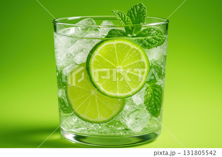 Refreshing glass of iced lime water with mint leaves on a vibrant green background, symbolizing freshness and hydration, AI Generative 131805542