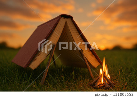 Creative concept of an open book forming a tent on green grass near a campfire at sunset, symbolizing adventure and imagination, AI Generative 131805552