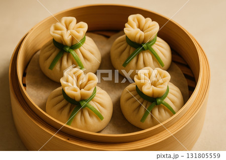 Steamed dumplings arranged in a bamboo basket with green garnish ties, traditional asian cuisine in elegant presentation, AI Generative Steamed dumplings arranged in a bamboo basket with green garnish ties, traditional asian cuisine in elegant presentation, AI Generative 131805559