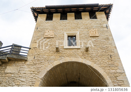 Republic San Marino old tower Arch window fort architecture. Castle detail 131805636