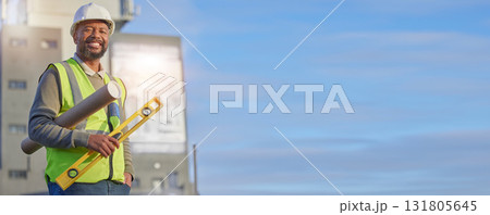 Black man, architect and construction worker with blueprint and infrastructure renovation, building industry and outdoor. Mockup, blueprint and helmet for safety, happy male contractor and project Black man, architect and construction worker with blueprint and infrastructure renovation, building industry and outdoor. Mockup, blueprint and helmet for safety, happy male contractor and project 131805645