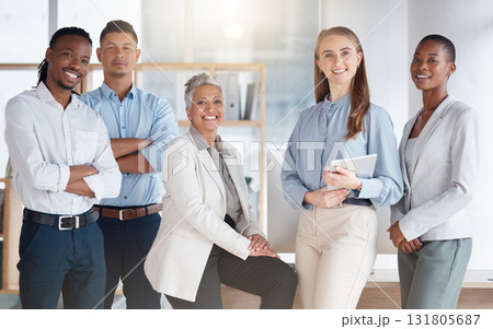 Diversity, portrait and business with staff, teamwork and partnership in modern office, planning and confident. Coworkers, multiracial and employees in workplace, brainstorming and new project ideas 131805687