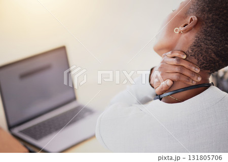 Back, business and black woman with neck pain, burnout and tired in workplace, overworked and frustrated. Laptop, headset and African American female employee with muscle strain, tension and stress 131805706
