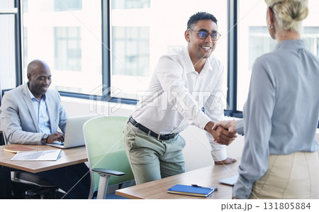 Partnership, handshake and greeting business people in office in an agreement, collaboration and as colleagues. Team, corporate and meeting employee and worker at the workplace together 131805884