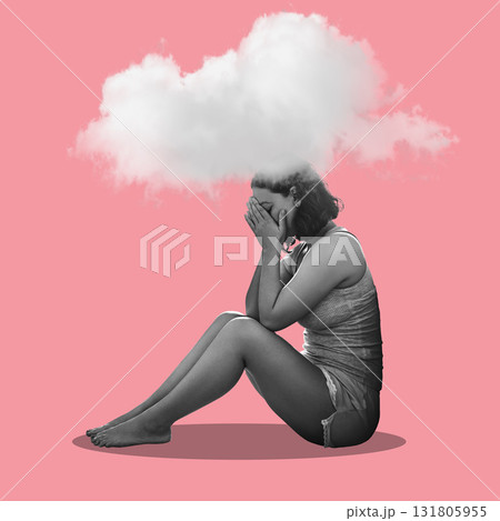 Depression, cloud and art with woman on a studio floor for mental health, stress or anxiety on pink background. Decoration, illustration and sad, crying girl with mind, psychology and crisis isolated 131805955