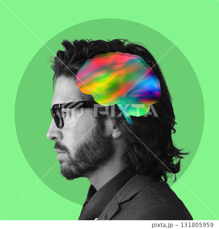 Creative thinking, brain and face of man on green background with ideas, inspiration and innovation. Digital art, psychology mind and profile of male for intelligence, brainstorming and knowledge Creative thinking, brain and face of man on green background with ideas, inspiration and innovation. Digital art, psychology mind and profile of male for intelligence, brainstorming and knowledge 131805959
