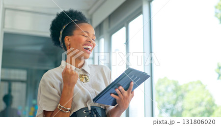 Tablet, success and fist of business woman in office for good news, email or feedback. Bonus, winning and excited black female employee with technology to celebrate wow achievement or online report Tablet, success and fist of business woman in office for good news, email or feedback. Bonus, winning and excited black female employee with technology to celebrate wow achievement or online report 131806020