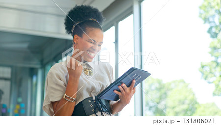 Tablet, excited and success of business woman in office for good news, fist or feedback. Yes, winning and happy black female employee with technology to celebrate wow achievement or online report Tablet, excited and success of business woman in office for good news, fist or feedback. Yes, winning and happy black female employee with technology to celebrate wow achievement or online report 131806021
