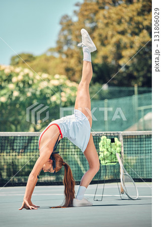 Woman, tennis court and stretching legs for fitness in sunshine with balance, fashion and sports development. Gen z girl, body and feet in air for back bend workout, training or exercise for wellness 131806029