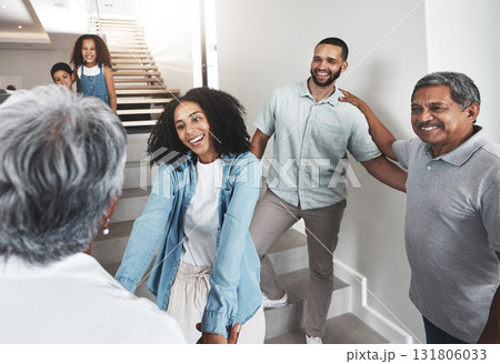 Black family, welcome and senior parents in home with holding hands, smile and happiness on stairs. African people, children and women on steps together with excited solidarity, support and care Black family, welcome and senior parents in home with holding hands, smile and happiness on stairs. African people, children and women on steps together with excited solidarity, support and care 131806033
