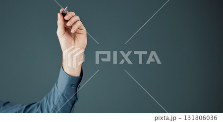 Business, mockup and hand with pen, space and ideas for opportunity, logo and brand development on dark studio background. Arm, corporate and man make notes, space and product placement on backdrop Business, mockup and hand with pen, space and ideas for opportunity, logo and brand development on dark studio background. Arm, corporate and man make notes, space and product placement on backdrop 131806036