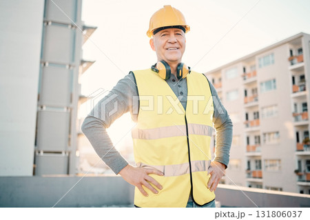 Construction worker, old man in portrait and architecture, renovation with building industry and outdoor. Property development, success and leader in helmet for safety, builder at work site in city Construction worker, old man in portrait and architecture, renovation with building industry and outdoor. Property development, success and leader in helmet for safety, builder at work site in city 131806037