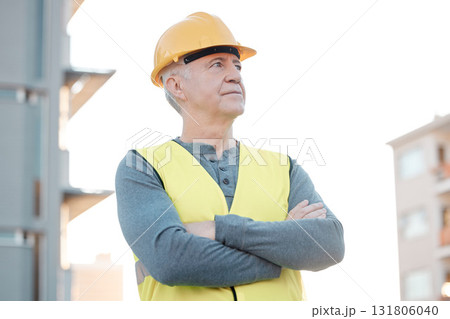 Construction worker, old man and architecture, building industry and renovation with contractor outdoor thinking. Property development vision, leadership mindset and helmet for safety at urban site Construction worker, old man and architecture, building industry and renovation with contractor outdoor thinking. Property development vision, leadership mindset and helmet for safety at urban site 131806040