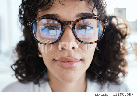 Portrait, therapist and face of woman with glasses, spectacles or eyewear feeling calm and focused. Head, vision and closeup of employee or worker looking serious with eyesight in an office 131806097