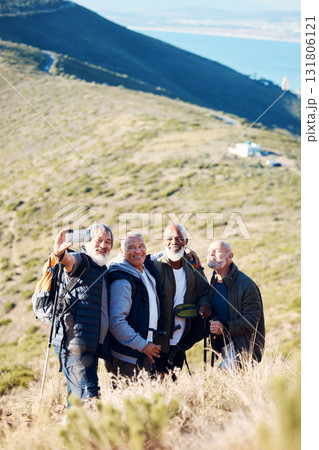 Senior, men and hiking selfie in nature, happy and relax, cheerful and smile on blue field background. Elderly, friends and man hiker group bond with picture, photo and memory of retirement activity 131806121